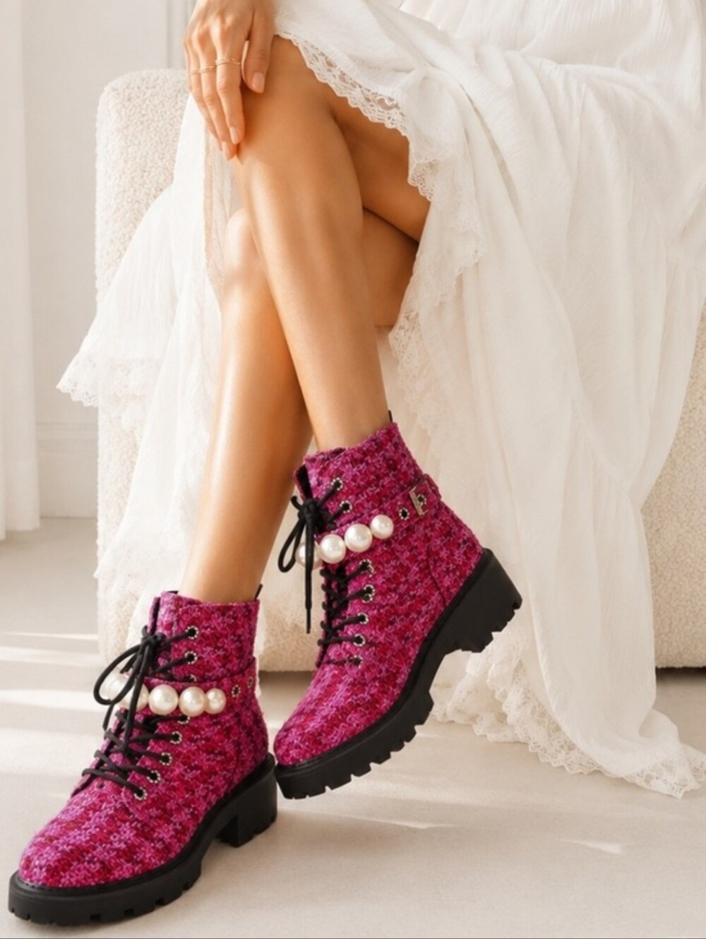 Betsey Johnson Jonnie Embellished Combat Booties Pink Pearls Sz 9